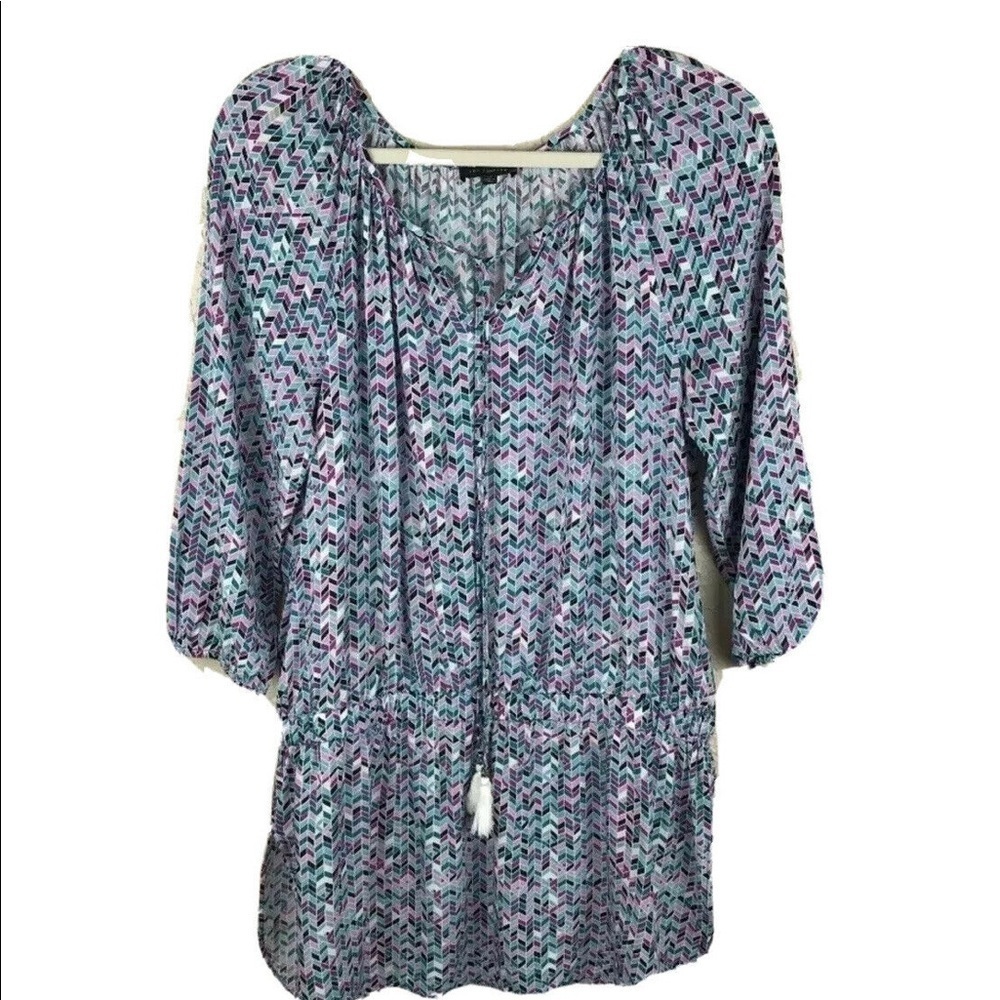The Limited Multicolor Long Top Blouse Sz M Elastic Waist Keyhole Front